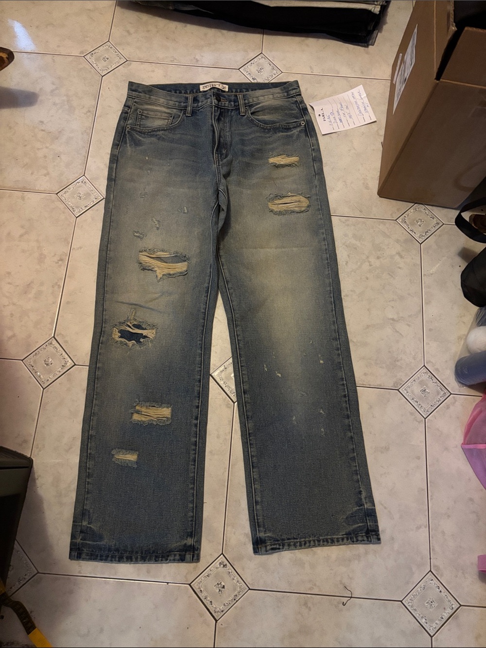 Distortion Men's Washed Blue Straight Jeans with Rips & Wide Leg Detail 31L